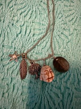 Long Silver Multi-Charm Buddha, Tree of Life Pendant Necklace